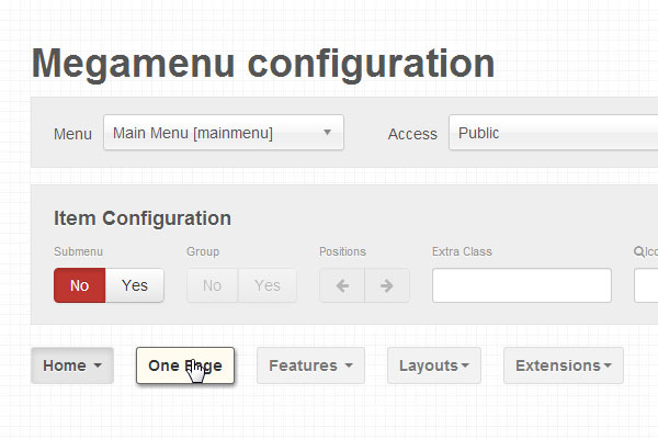 mega menu configuration page
