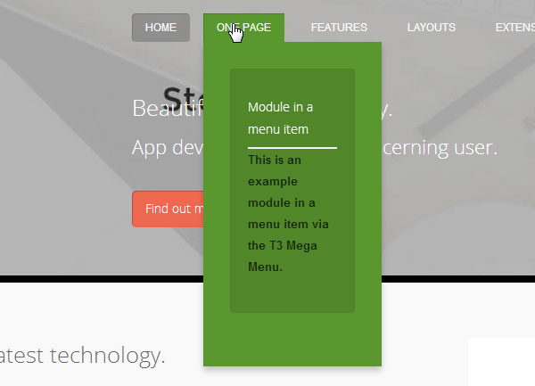 t3 joomla template frontend module in menu dropdown