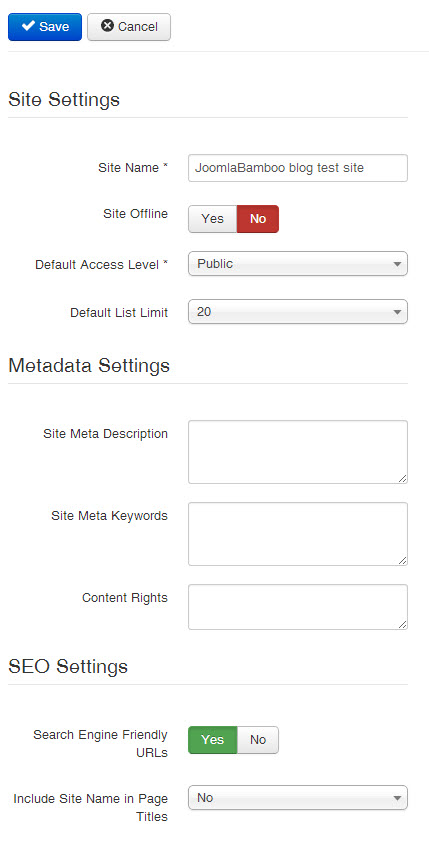 joomla site settings