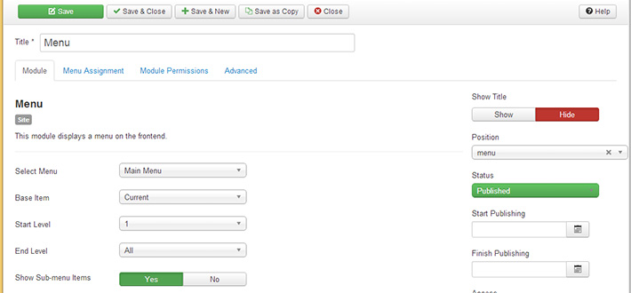 joomla3 main menu module settings
