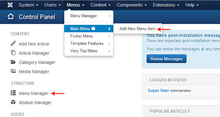 joomla3 menu manager